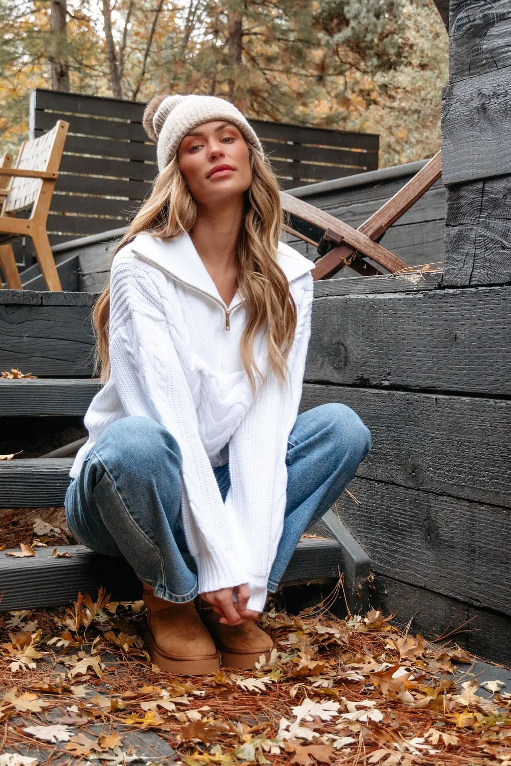 White Quarter Zip Cable Knit Sweater - FINAL SALE