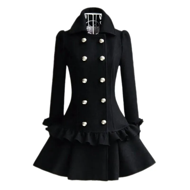 Women Black Overcoat Korean Solid Color Falbala Pleated Double-Breasted Long Sleeve Slim Coats