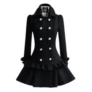 Women Black Overcoat Korean Solid Color Falbala Pleated Double-Breasted Long Sleeve Slim Coats