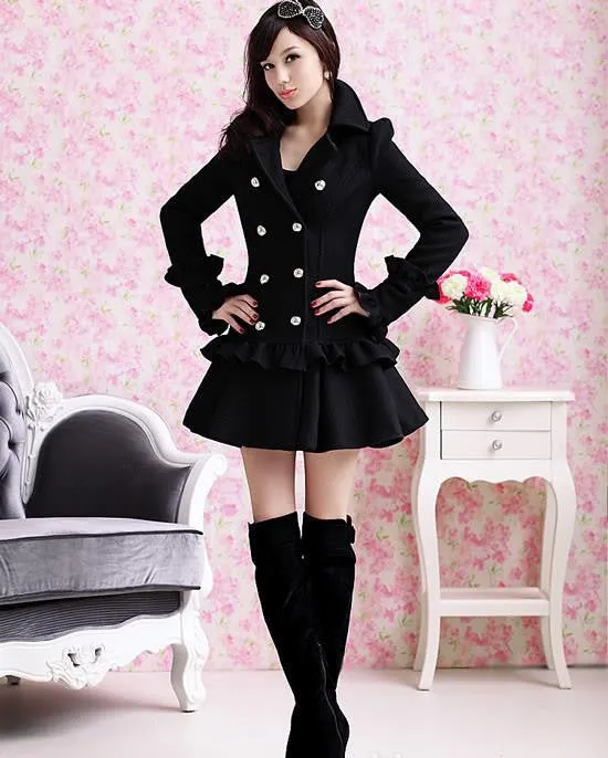 Women Black Overcoat Korean Solid Color Falbala Pleated Double-Breasted Long Sleeve Slim Coats