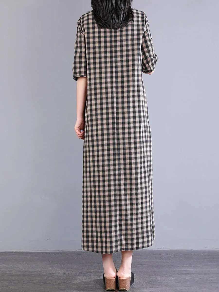 Women Spring Plaid O-Neck 100%Cotton Maxi Dress