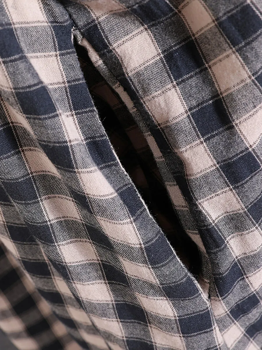 Women Spring Plaid O-Neck 100%Cotton Maxi Dress
