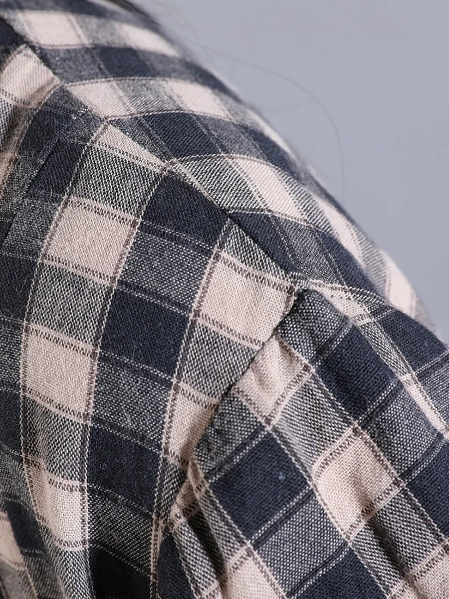 Women Spring Plaid O-Neck 100%Cotton Maxi Dress
