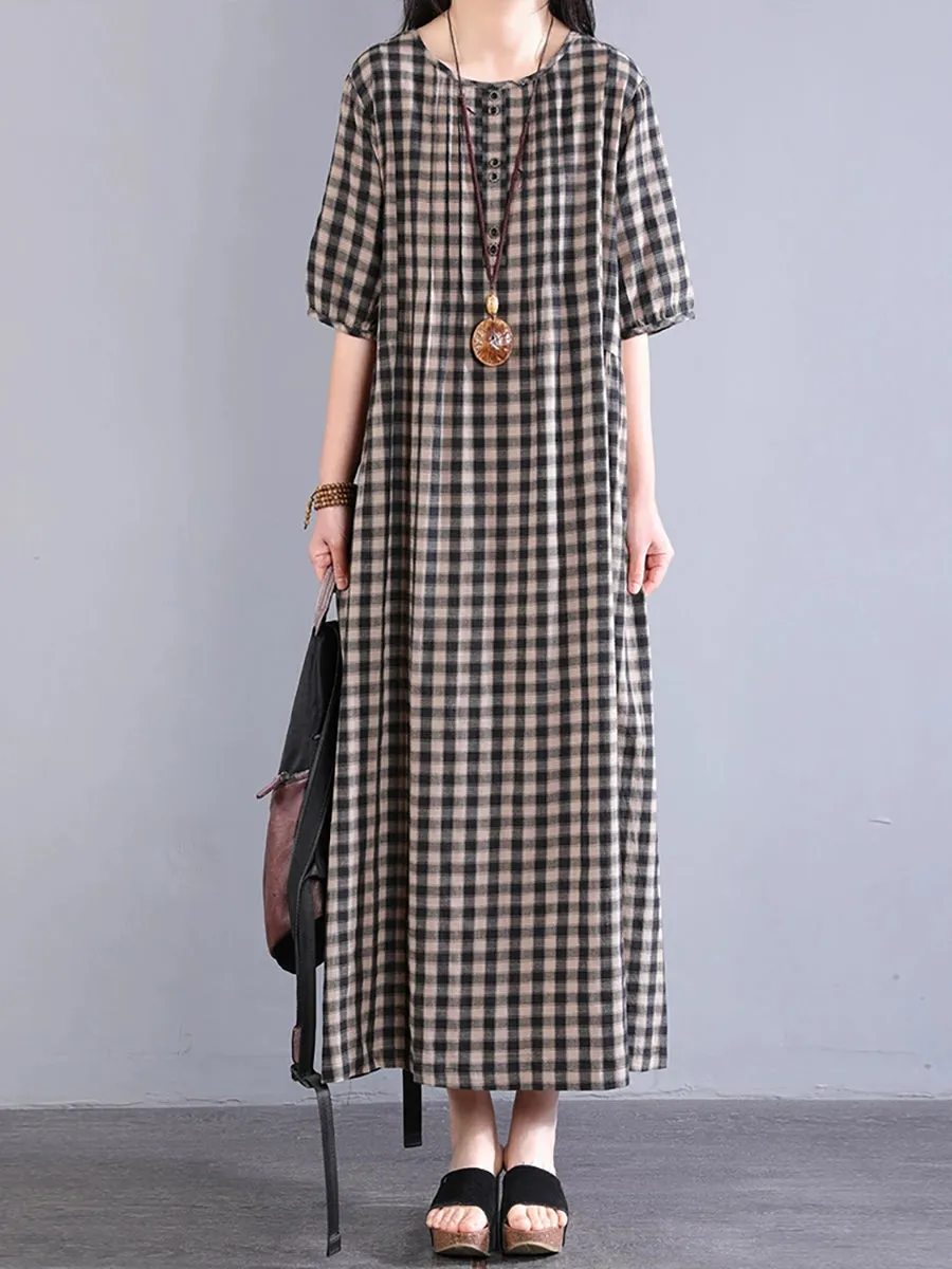 Women Spring Plaid O-Neck 100%Cotton Maxi Dress