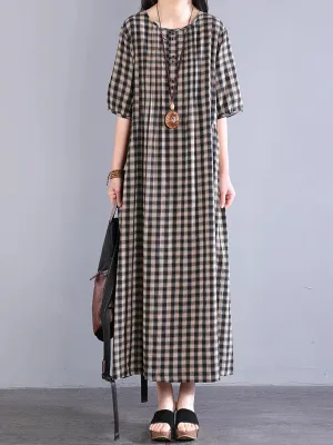Women Spring Plaid O-Neck 100%Cotton Maxi Dress