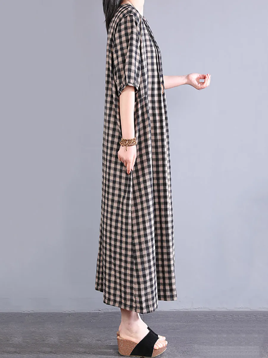 Women Spring Plaid O-Neck 100%Cotton Maxi Dress