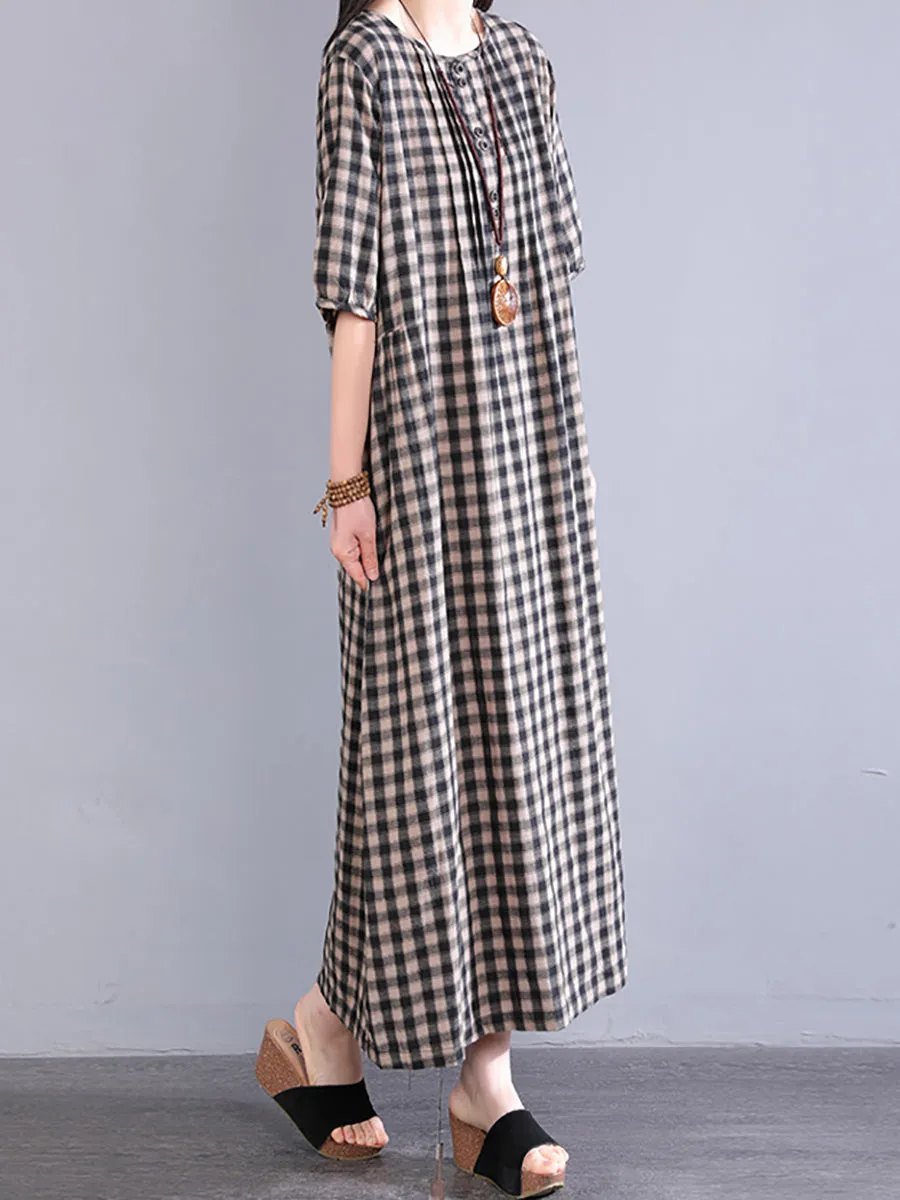 Women Spring Plaid O-Neck 100%Cotton Maxi Dress