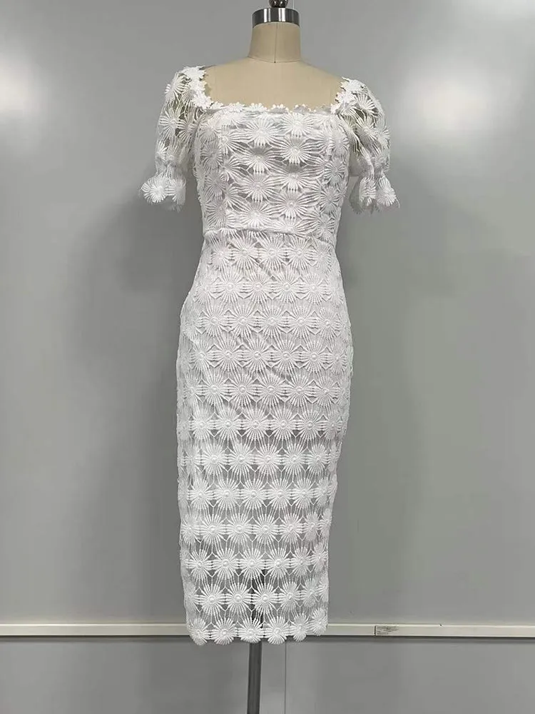 Women Summer Puff Sleeve Lace Long Dresses