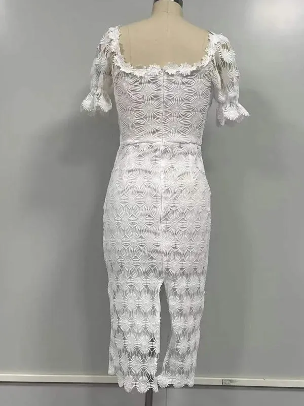 Women Summer Puff Sleeve Lace Long Dresses