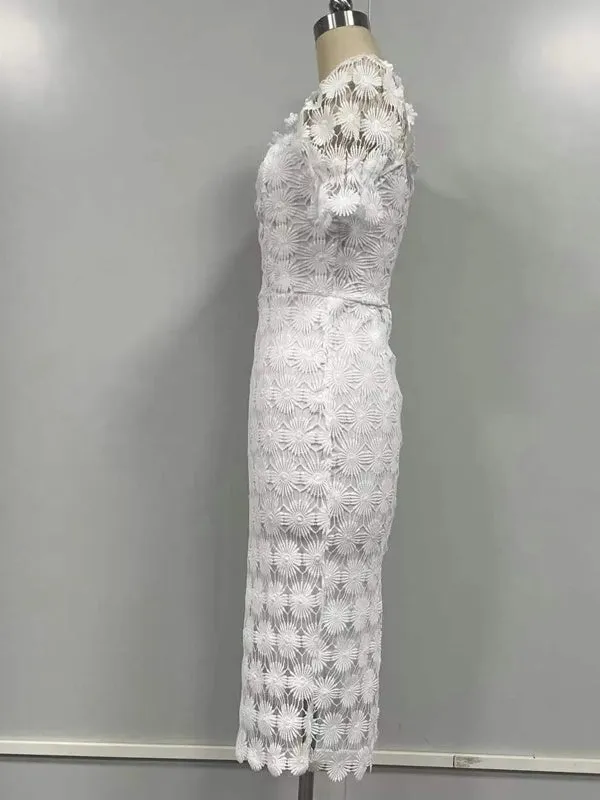 Women Summer Puff Sleeve Lace Long Dresses