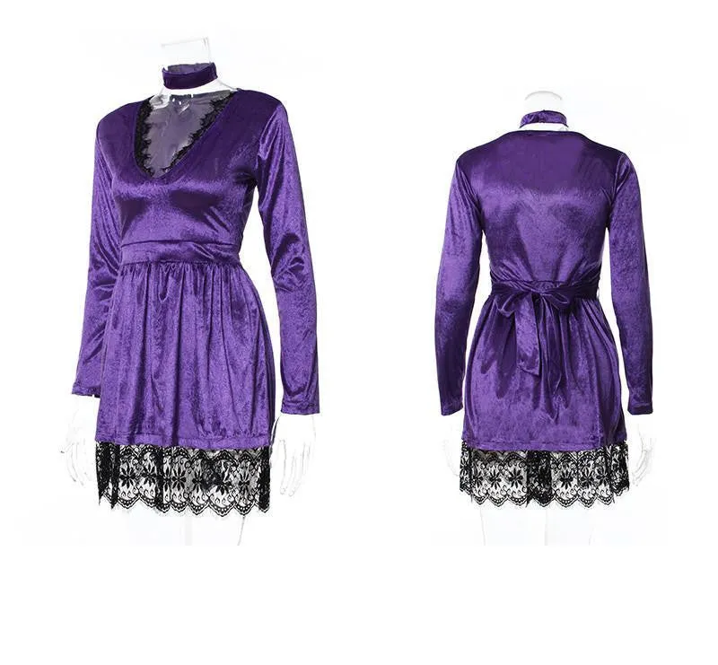 Women Winter Dresses Series Spring Fashion Velvet Long Sleeve Lace Midi Dress For Women A16346