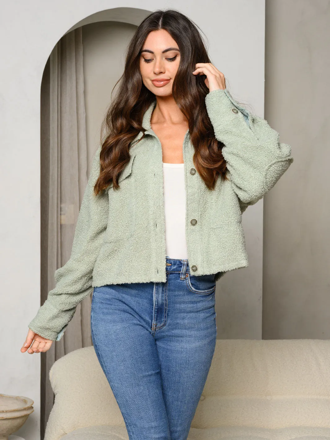 WOMEN'S LONG SLEEVE BUTTON UP TERRY JACKET