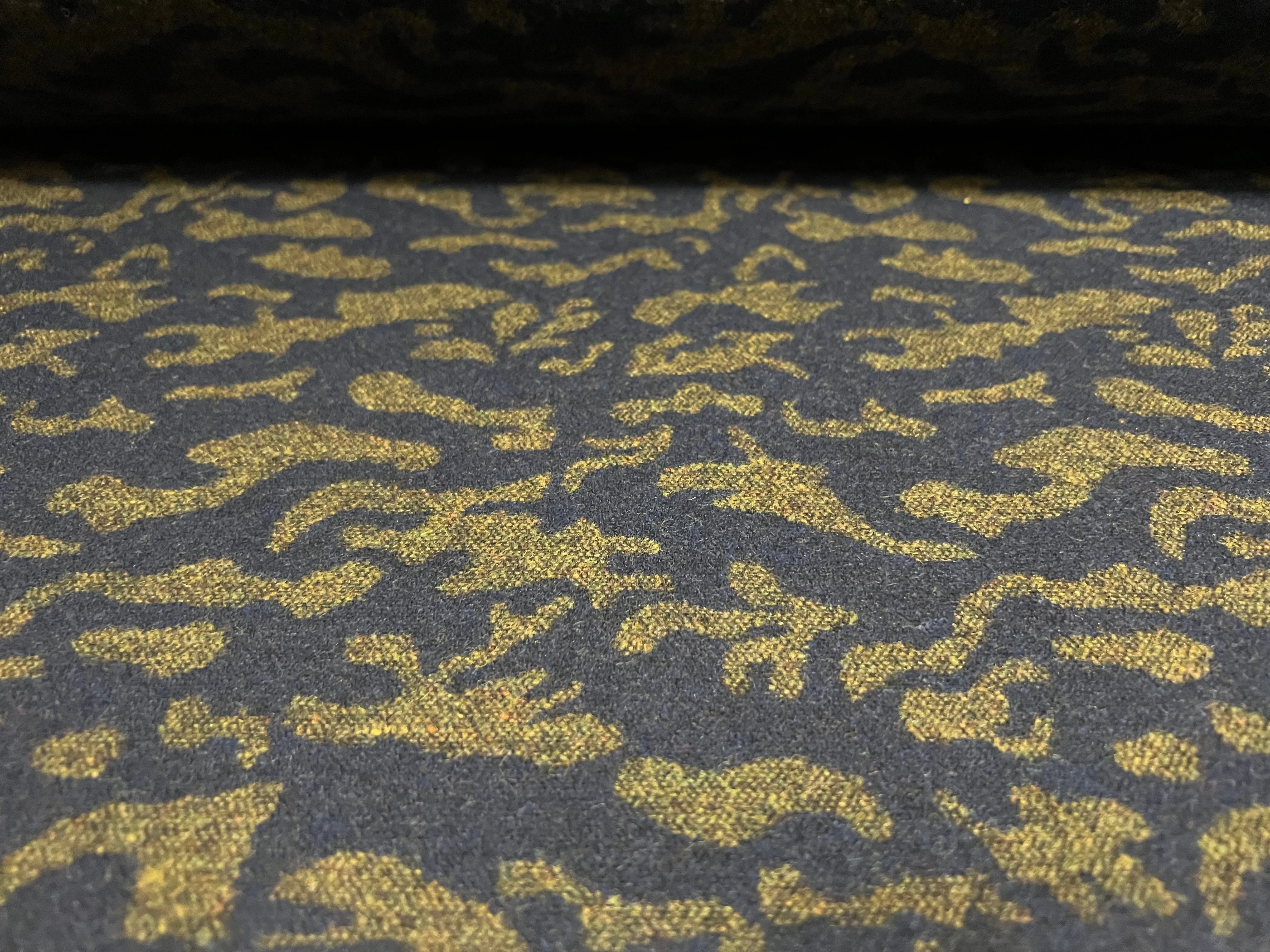 Wool jacquard woven fabric, per metre - abstract swirl - khaki & indigo