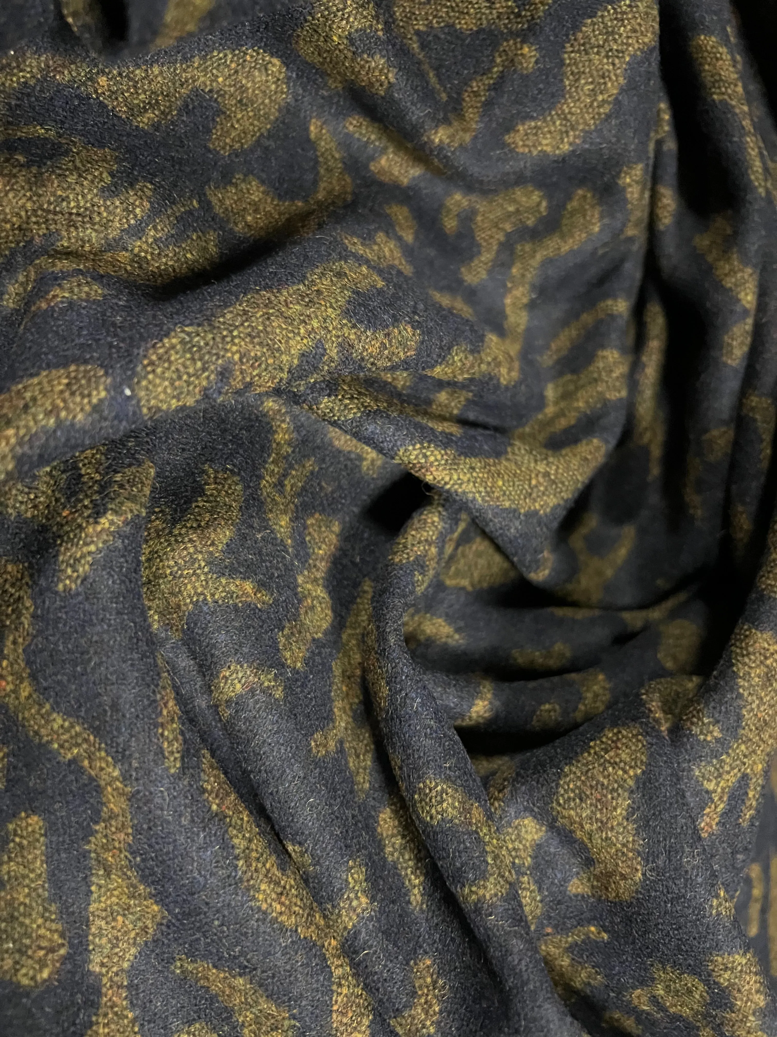 Wool jacquard woven fabric, per metre - abstract swirl - khaki & indigo