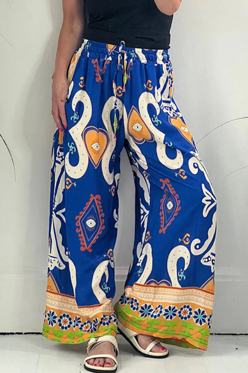 Xieyinshe Casual Print Pocket Loose Wide Leg Full Print Bottoms