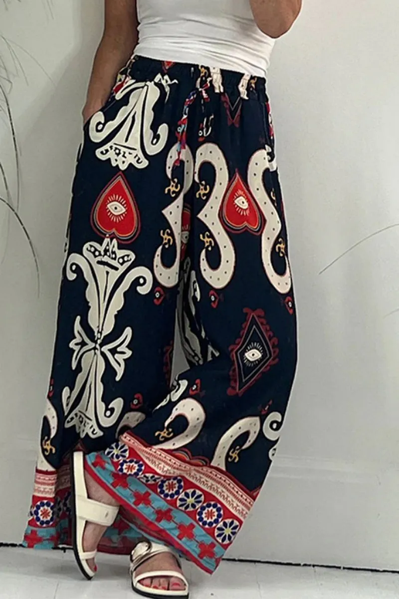 Xieyinshe Casual Print Pocket Loose Wide Leg Full Print Bottoms