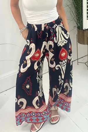 Xieyinshe Casual Print Pocket Loose Wide Leg Full Print Bottoms
