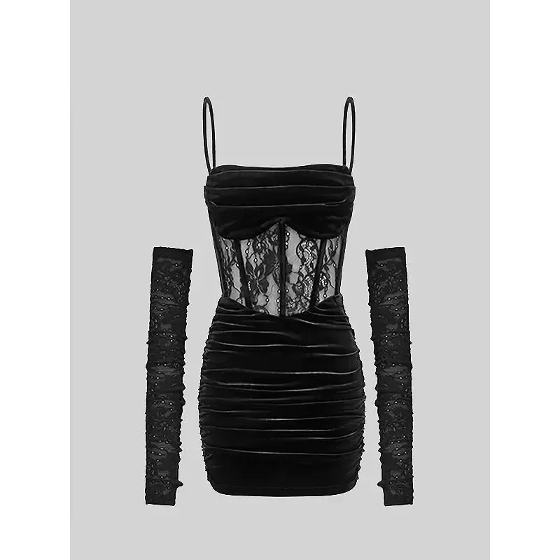 Y2K Mini Sheer Dress with Spaghetti Straps and Velvet Detail