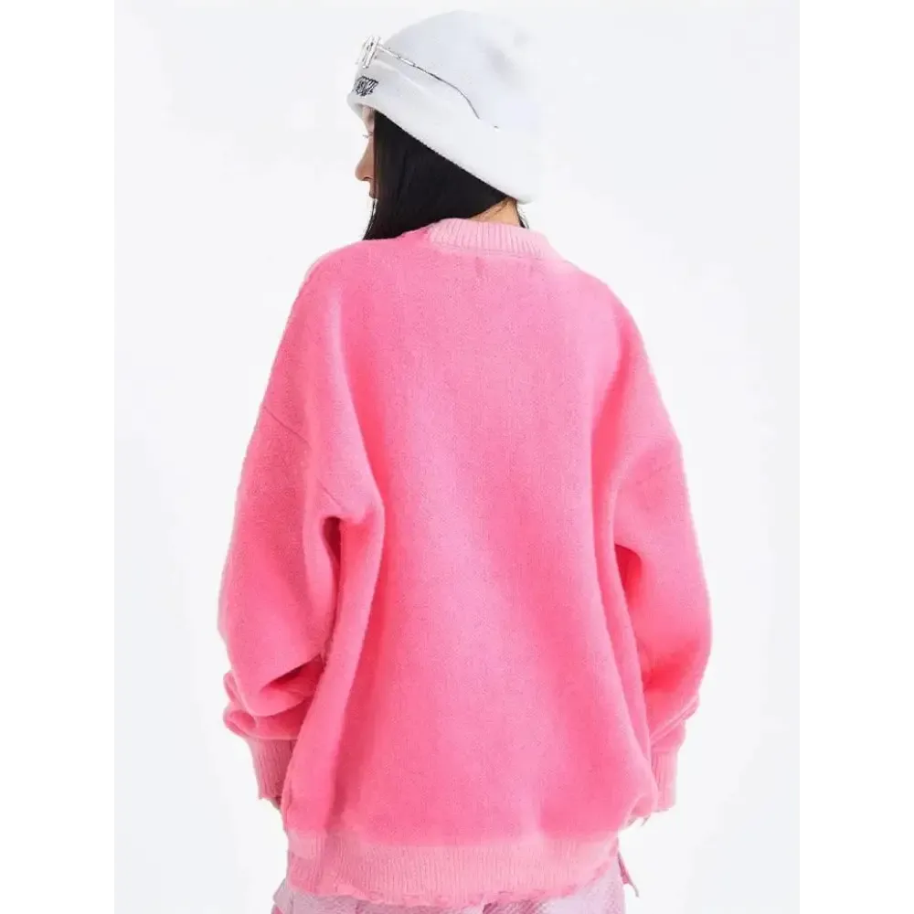 Y2K Pink Sweater with Distressed Details and Star Prints