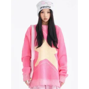 Y2K Pink Sweater with Distressed Details and Star Prints