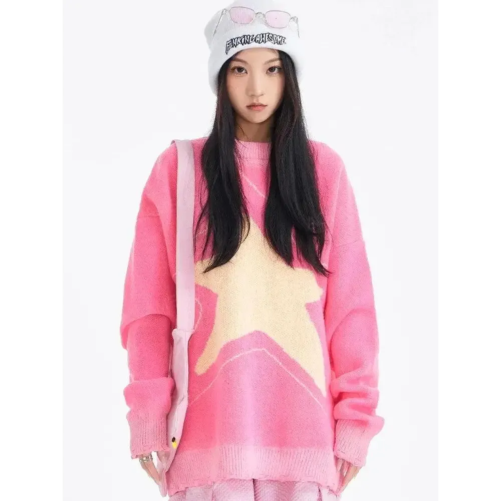 Y2K Pink Sweater with Distressed Details and Star Prints
