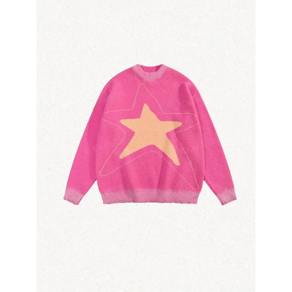 Y2K Pink Sweater with Distressed Details and Star Prints