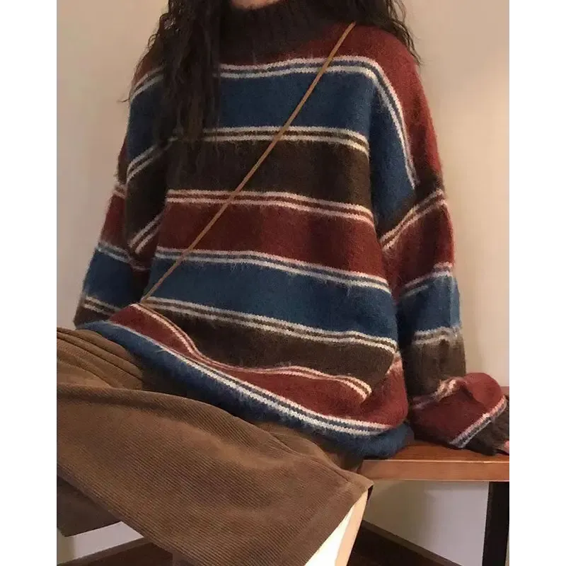 Y2K Primary Colors Aesthetic Striped Sweater for Warmth and Style