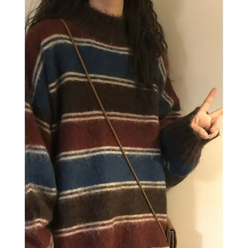 Y2K Primary Colors Aesthetic Striped Sweater for Warmth and Style