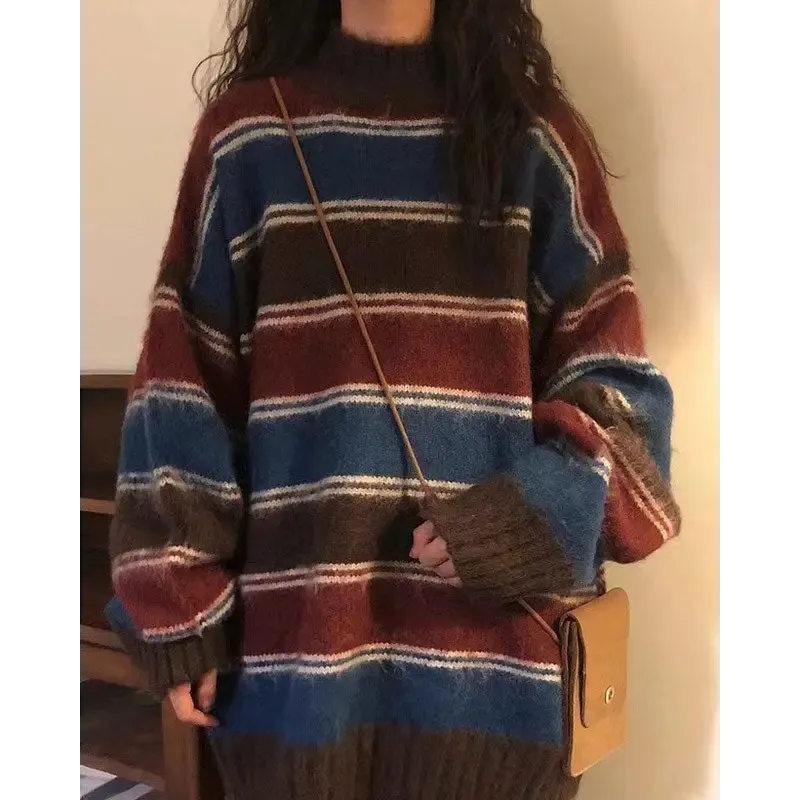 Y2K Primary Colors Aesthetic Striped Sweater for Warmth and Style