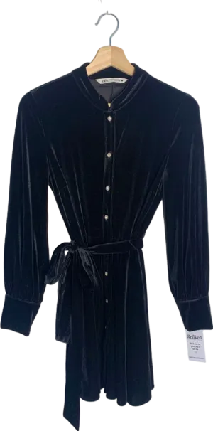 ZARA Black Velvet Button-Down Mini Dress XS