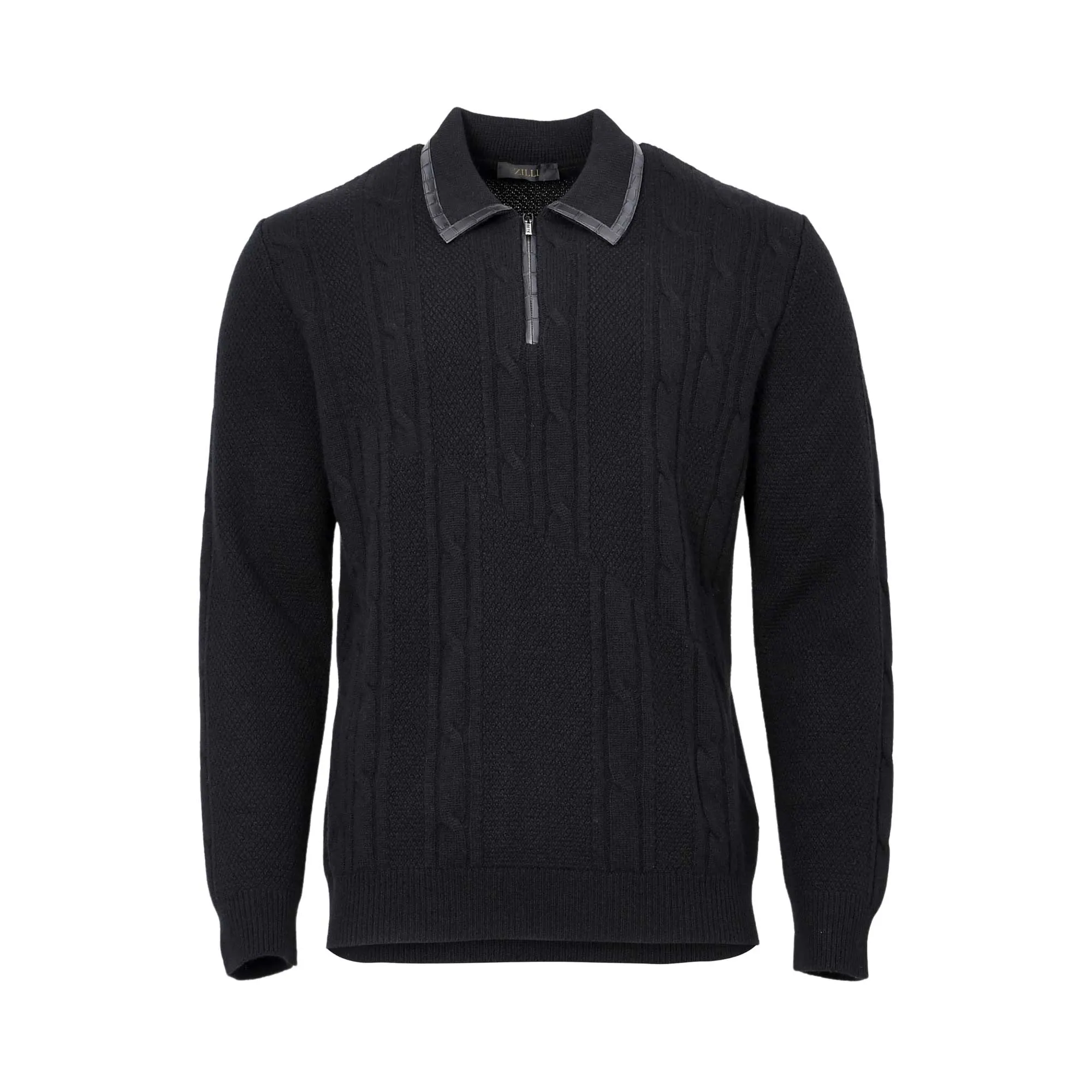 Zilli Men's Knit Half-Zip Polo Sweater with Leather Collar