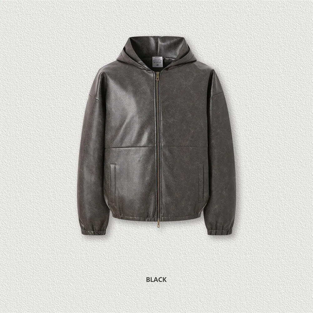ZODF Loose Oversized High Street Cotton Padded Hooded Zipper PU Leather Jackets
