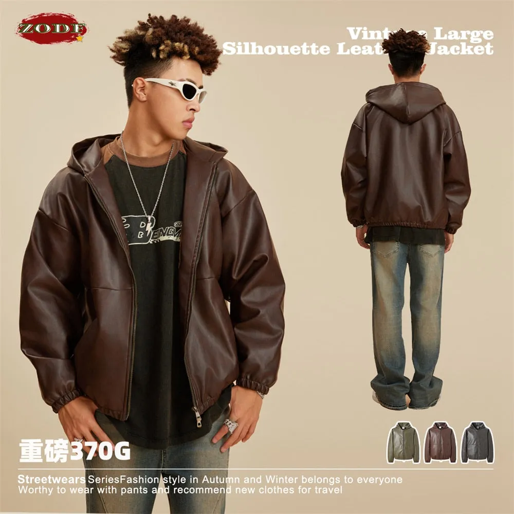 ZODF Loose Oversized High Street Cotton Padded Hooded Zipper PU Leather Jackets